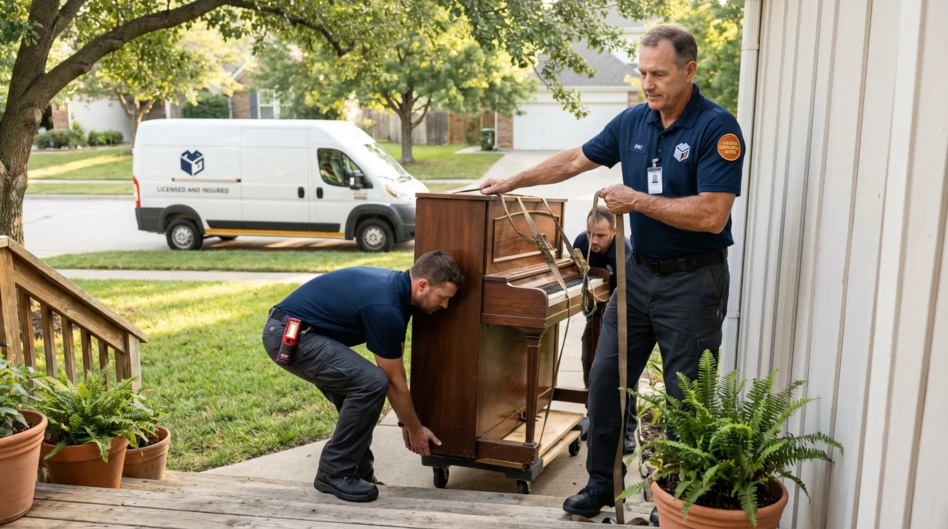 Licensed piano movers securing grand piano in Mahanoy City, PA