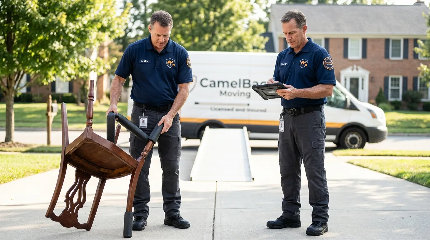 Movers inspecting furniture for damage prevention before loading in Mahanoy City, PA