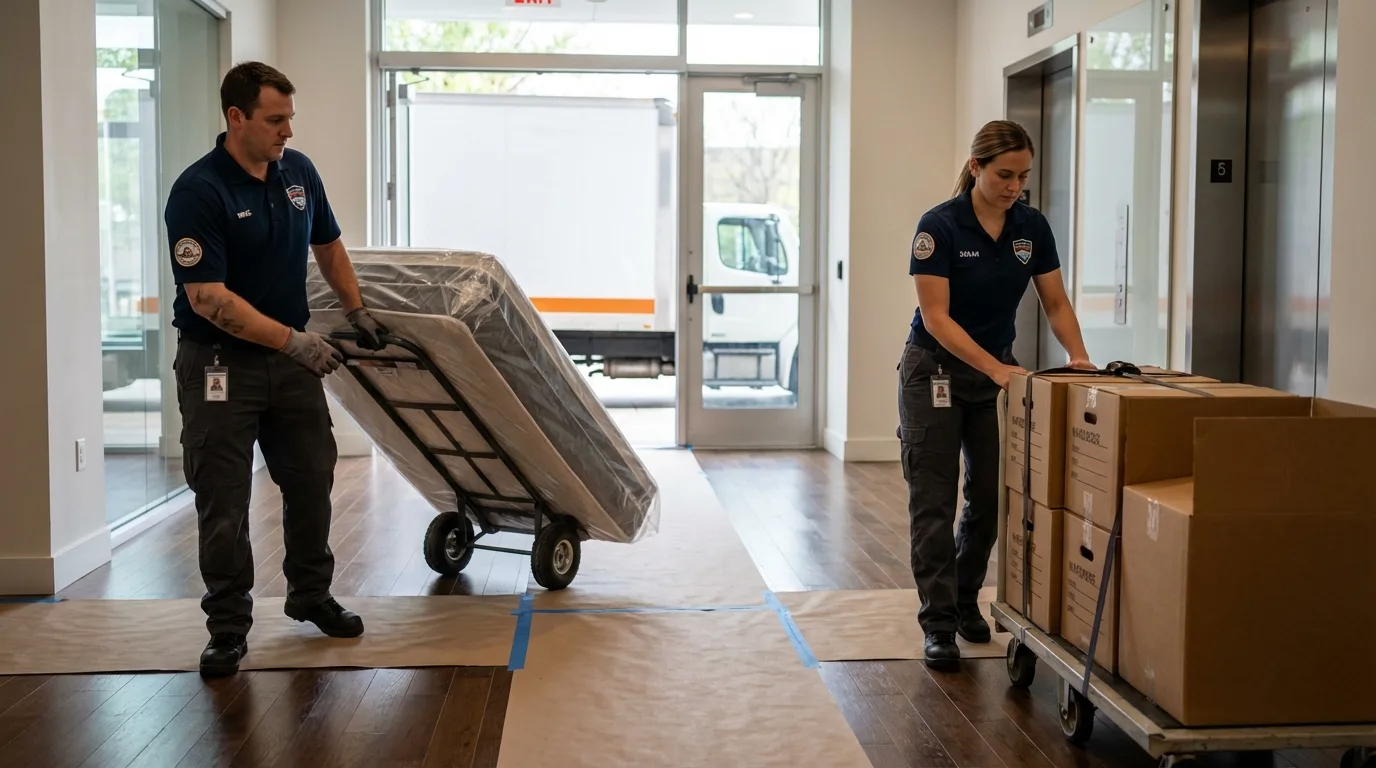 Professional apartment movers loading elevator in Mahanoy City, PA