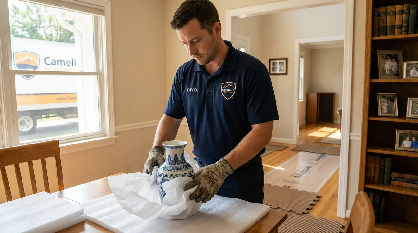 Professional crew carefully wrapping antique vase for senior downsizing move in Mahanoy City, PA
